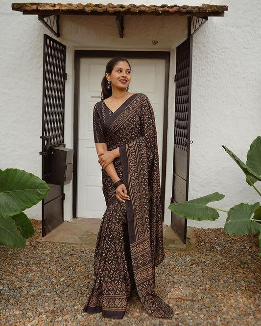 Black color linen printed saree for women