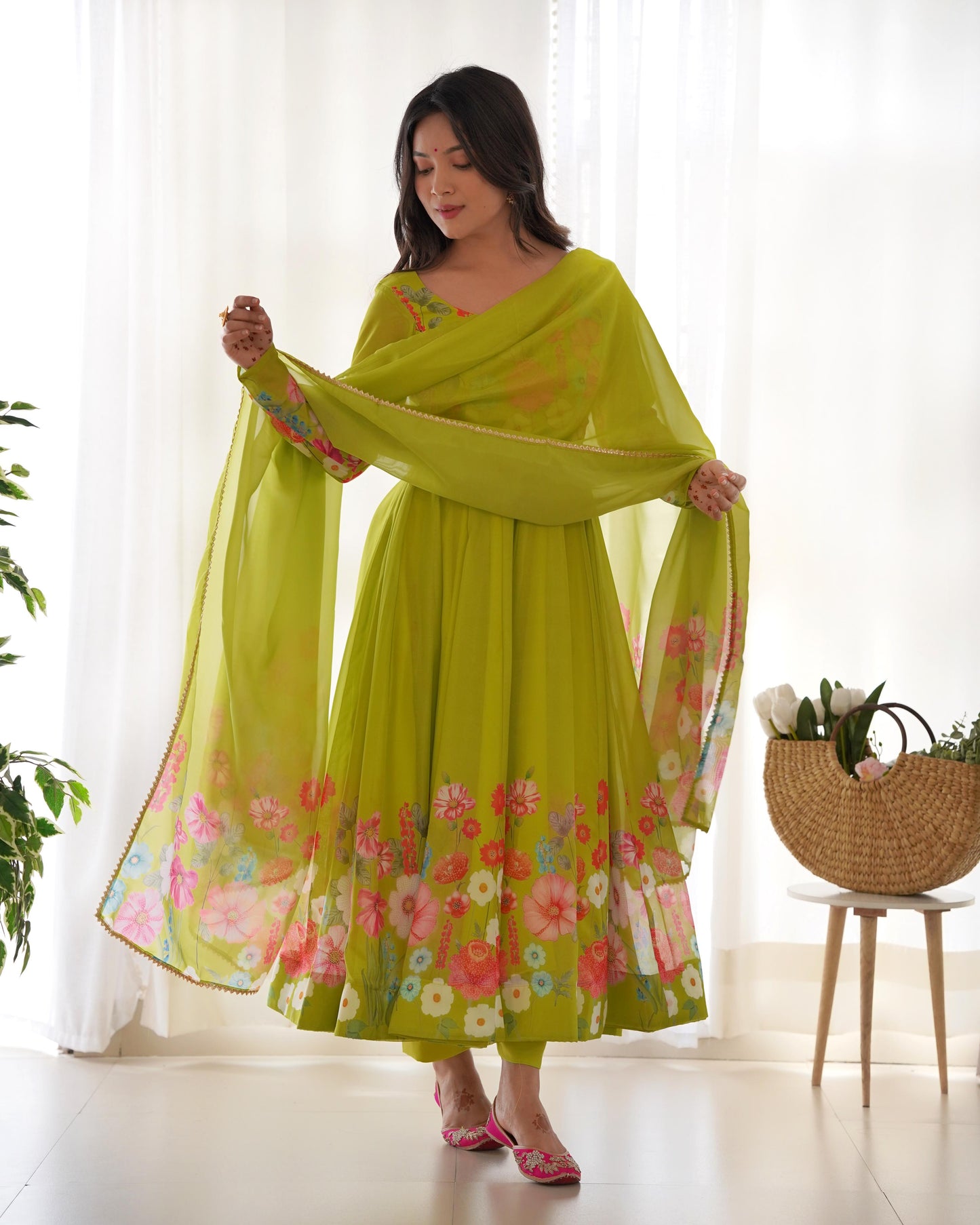 Green color organza silk designer gown online