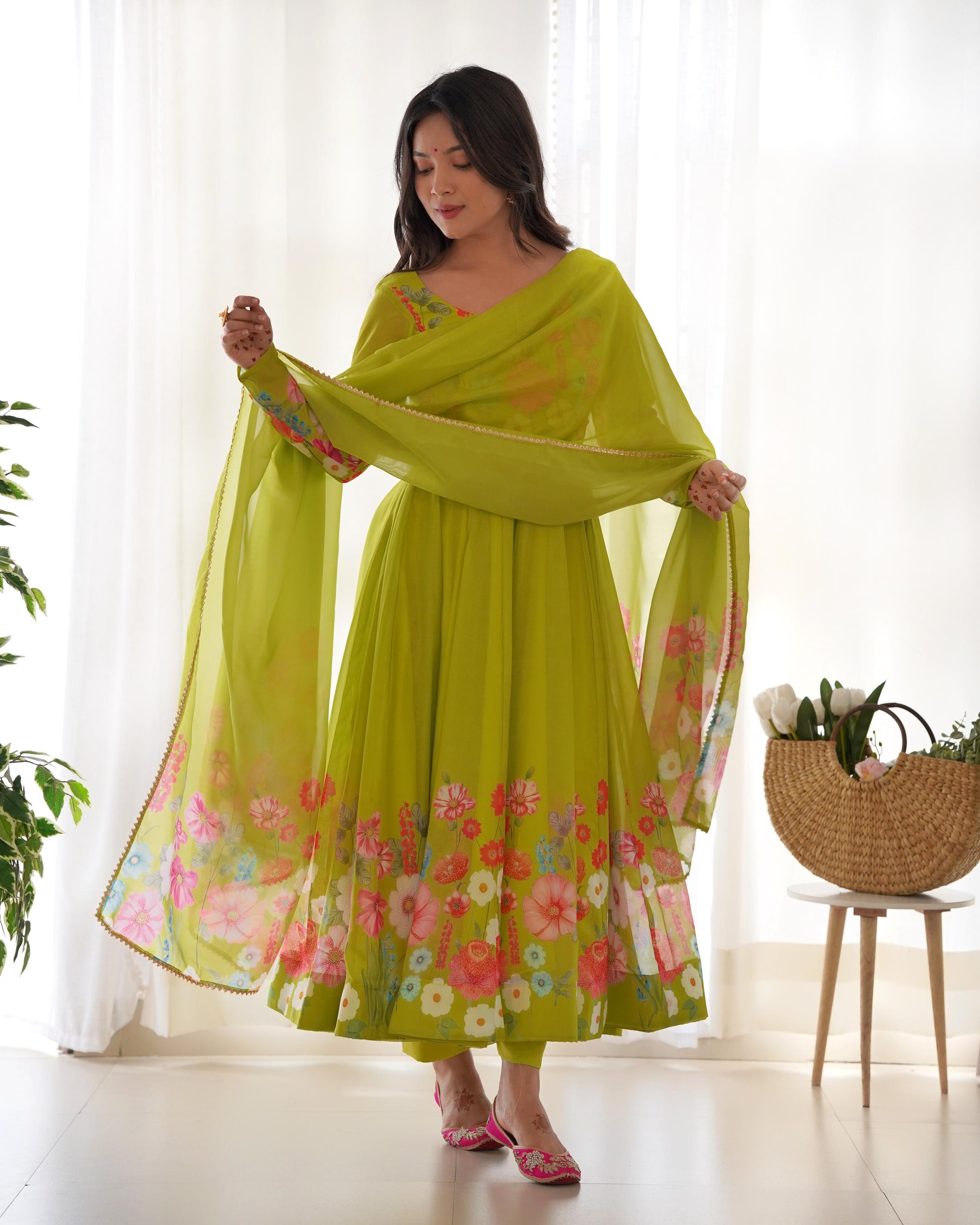 Green color organza silk designer gown online
