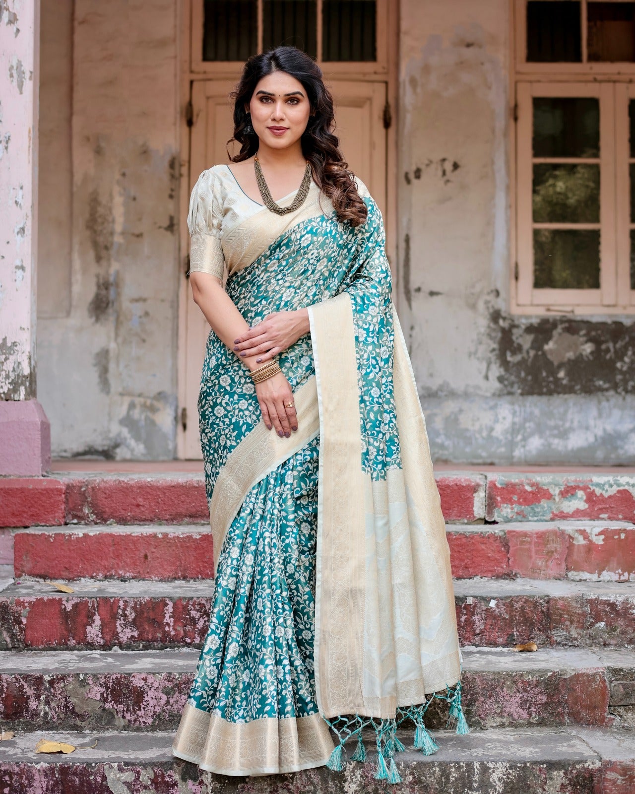 Teal green color linen printed saree for women