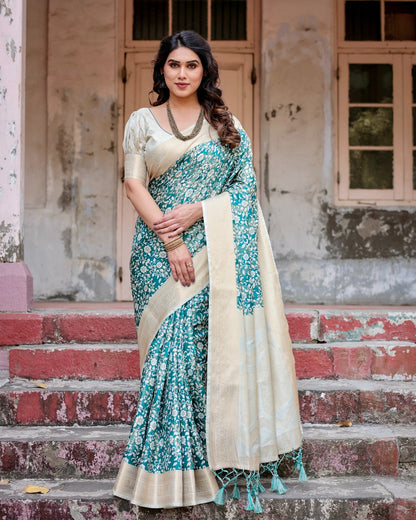 Teal green color linen printed saree for women