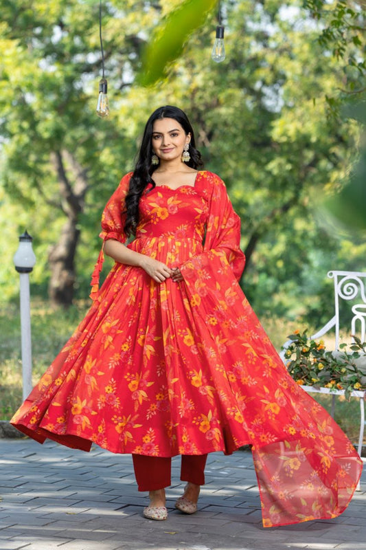 Red color tabby organza gown with dupatta