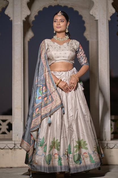 Grey color manipuri silk lehenga choli with dupatta images
