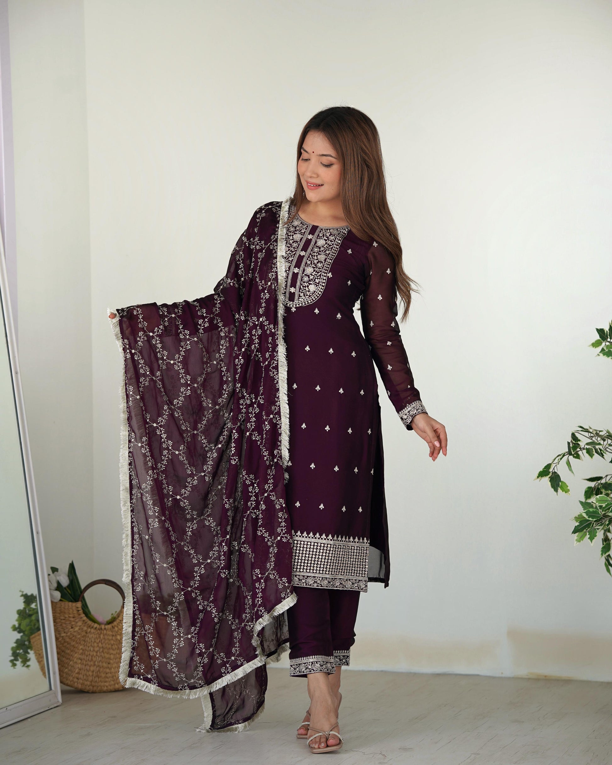 Wine color rangoli silk salwar suit for women