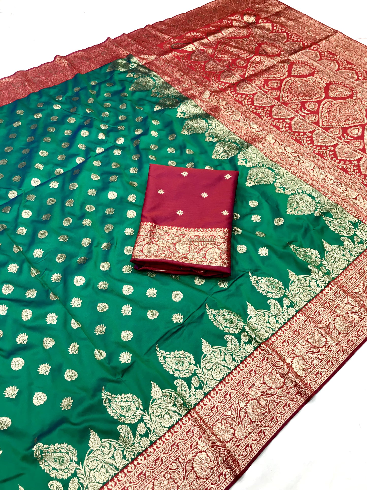 Green color banarasi silk saree with blouse images