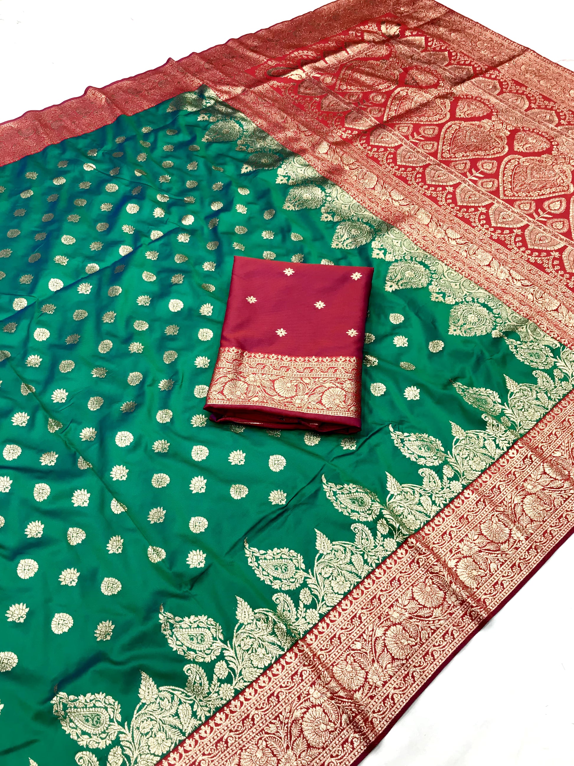 Green color banarasi silk saree with blouse images