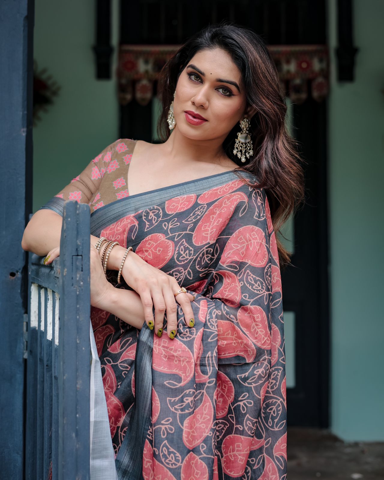 Grey color linen saree with blouse price