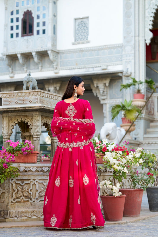 Pink color vichitra silk long gown for wedding