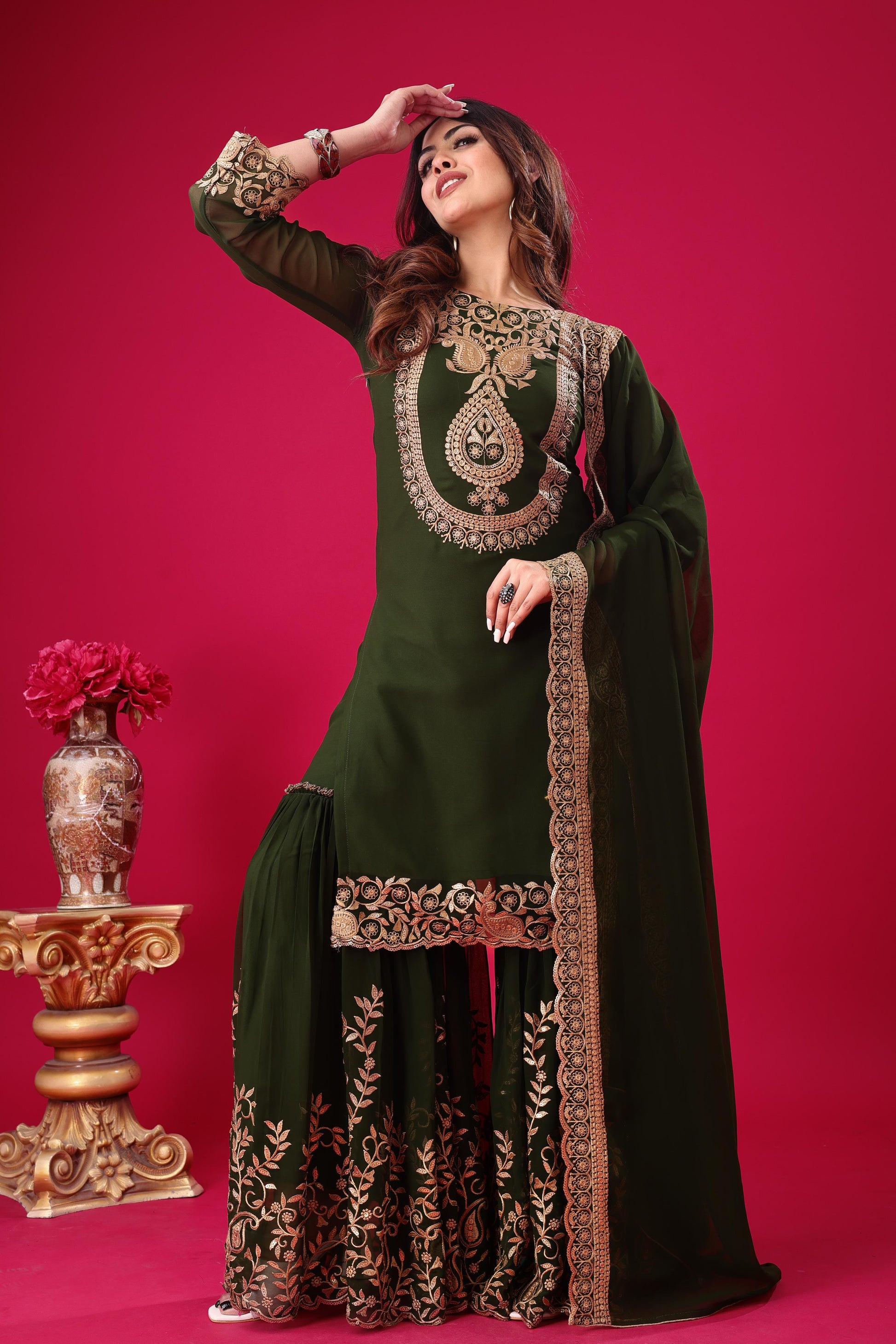Green color georgette sharara suit with dupatta