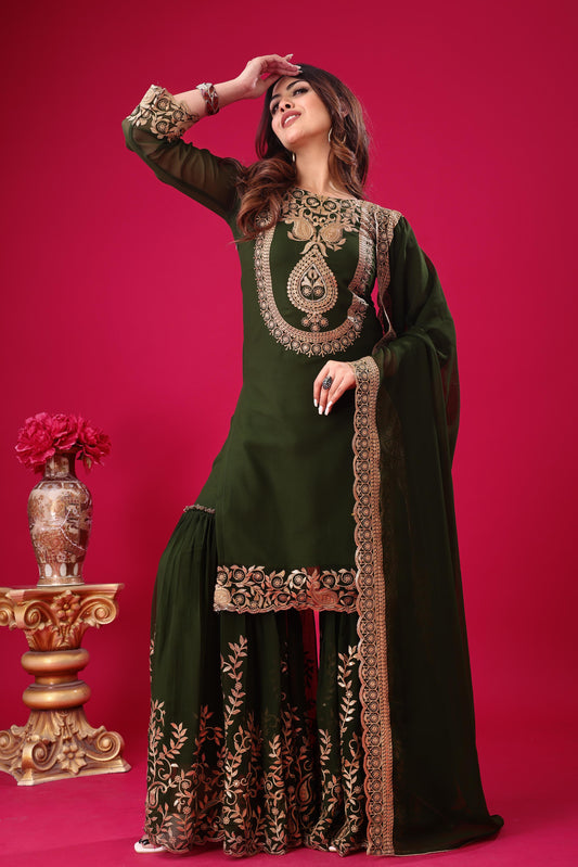 Green color georgette sharara suit with dupatta