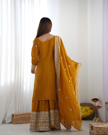 Yellow color chinon silk sharara suit with dupatta images