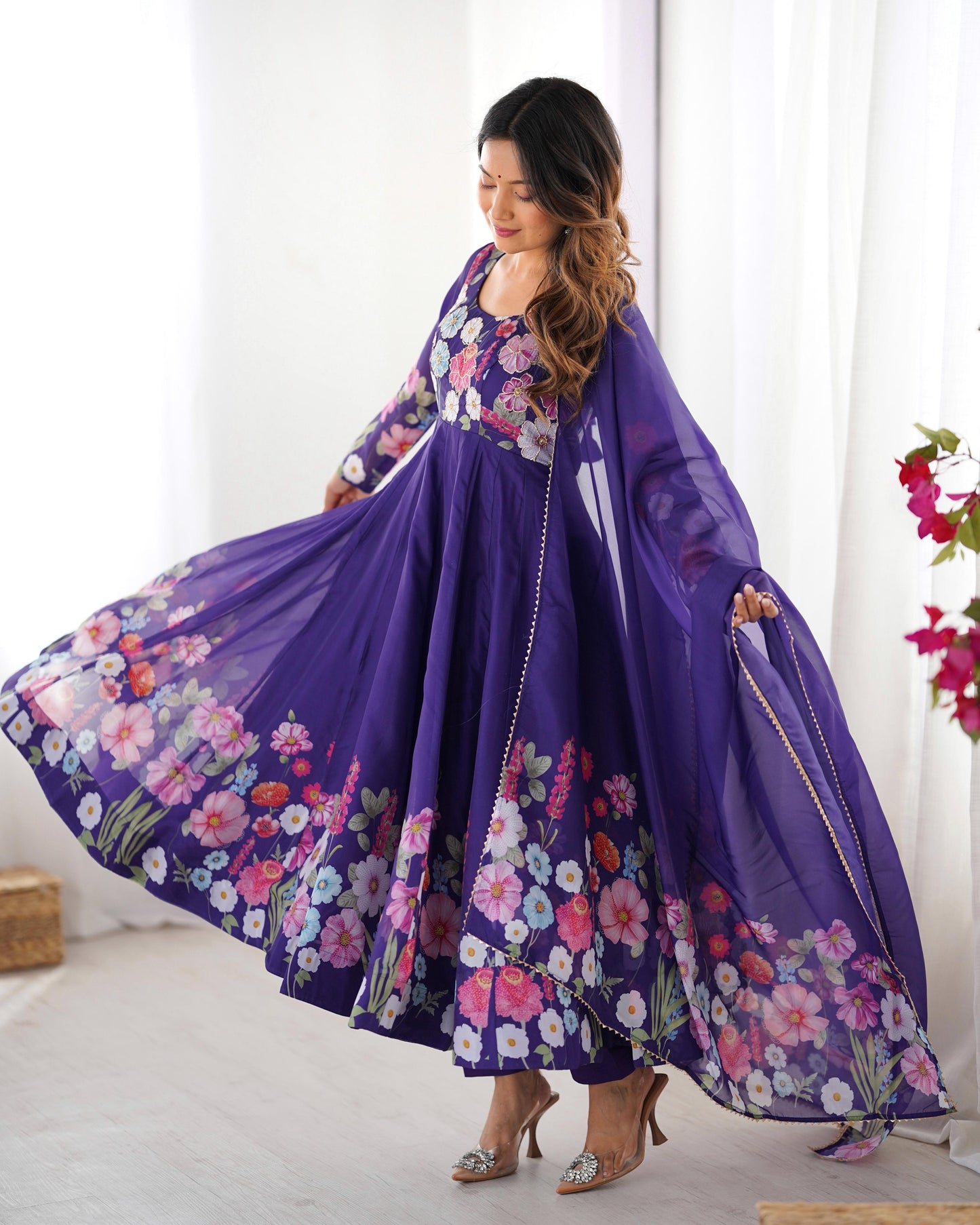 Purple color organza silk salwar suit with dupatta online