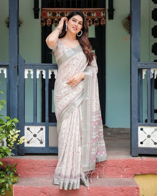 Grey color linen printed saree for women