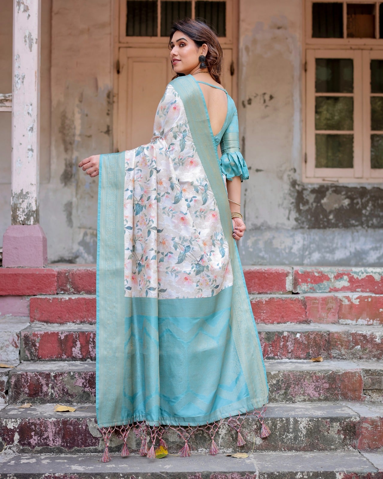 Sky blue color banarasi silk saree with blouse online