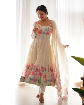 White floral design long anarkali gown for women images