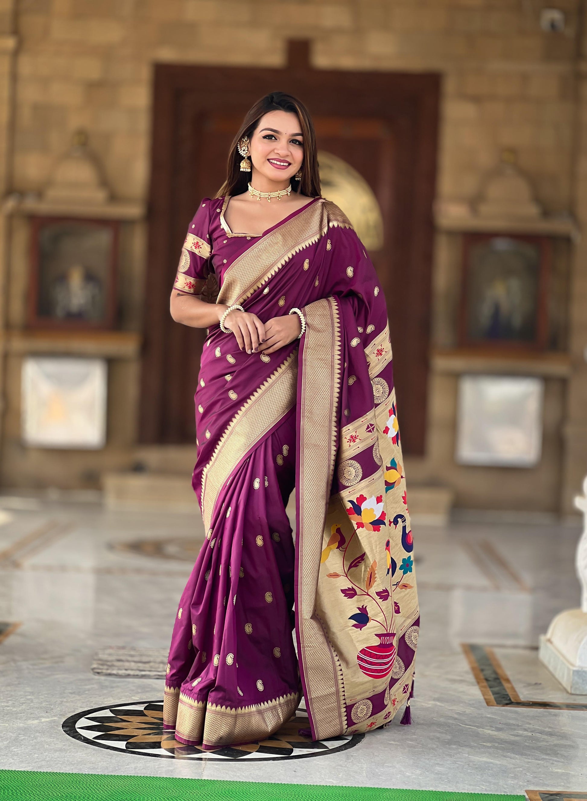 Wine color paithani silk saree for women