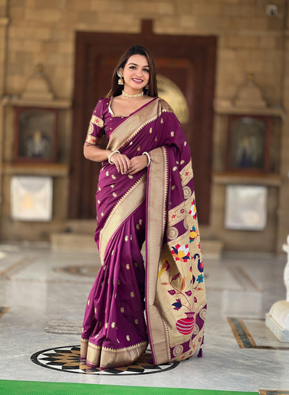 Wine color paithani silk saree for women