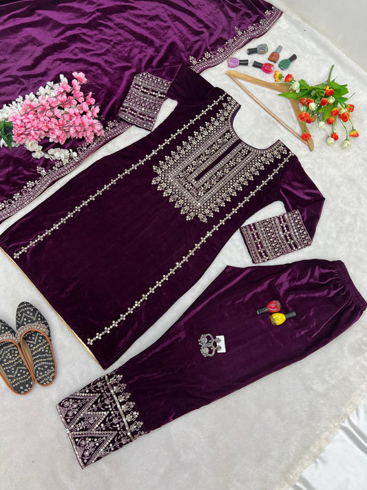 Purple color viscose velvet salwar suit for women