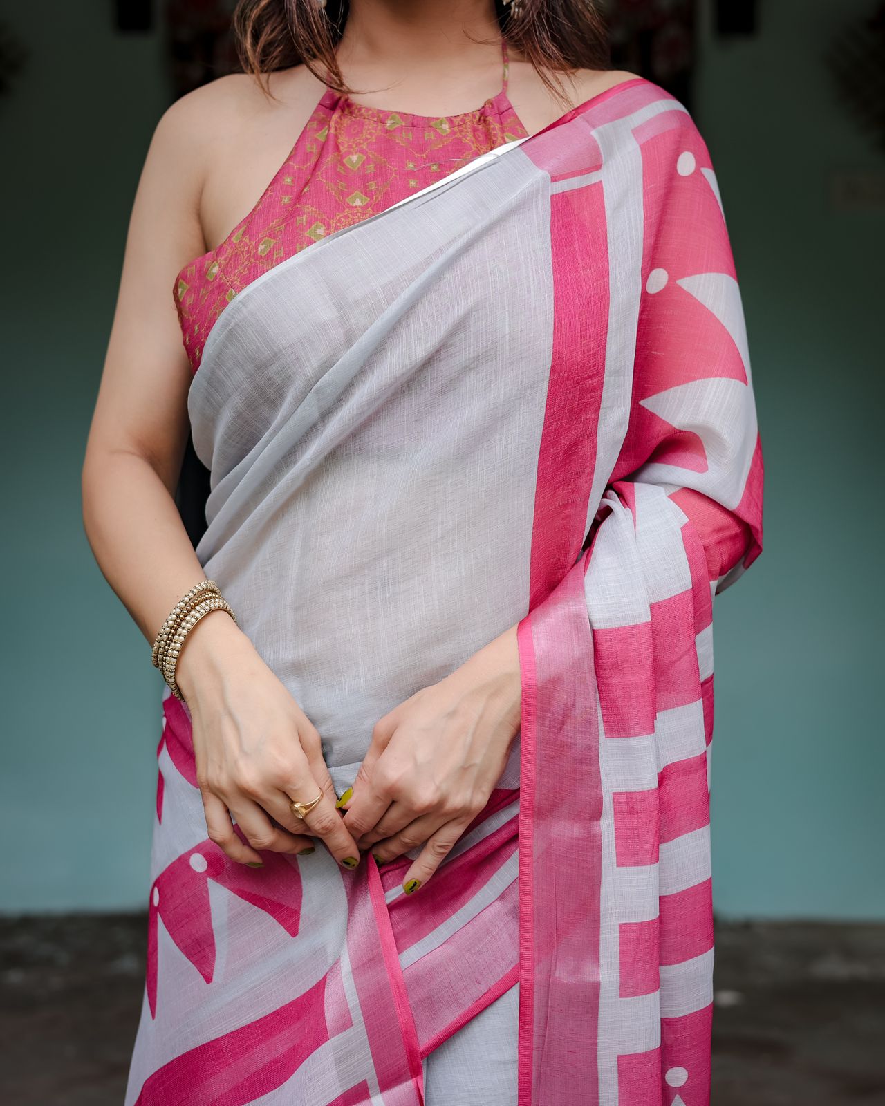 Grey color linen saree with blouse images