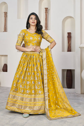 Yellow color  dola jacquard lehenga choli for women online