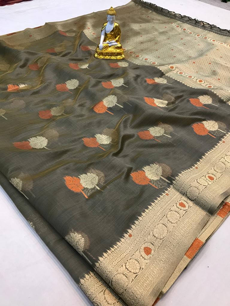 Grey color organza silk saree with blouse price
