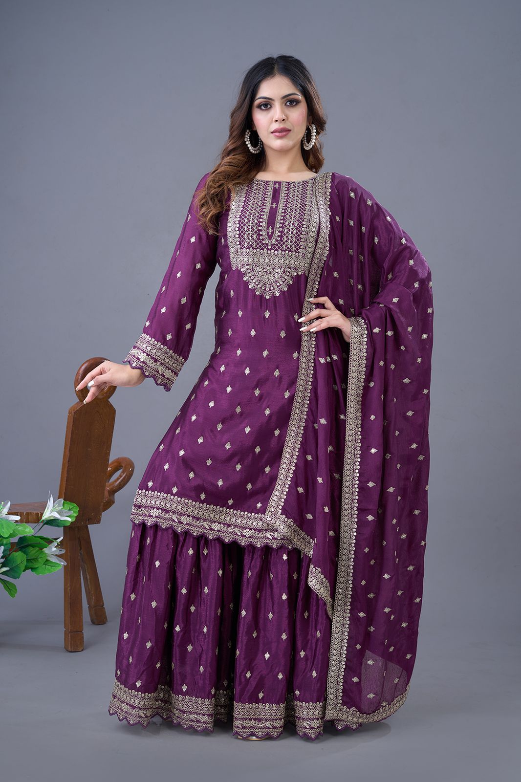 Purple color chinon silk sharara suit with dupatta price
