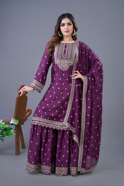 Purple color chinon silk sharara suit with dupatta price
