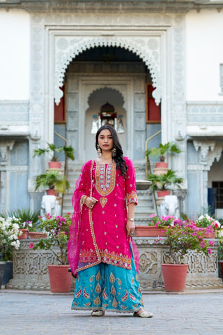 Pink color moonga silk sharara suit for women