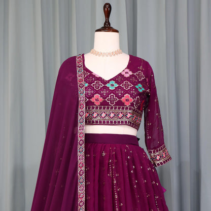 Wine color georgette lehenga choli with dupatta images
