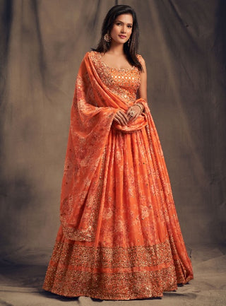 orange organza sequin lehenga for women