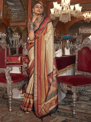 Beige color silk weaving saree images