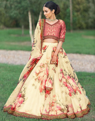 Khadi Organza Cream Lehenga And Red Blouse