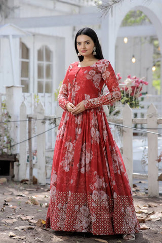 Flowear Printed Red Gown Wear