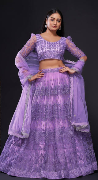 Lavender color net sequins work lehenga choli for women price
