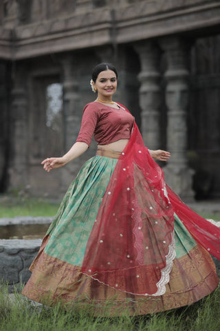 Light green Color women wear lehenga choli with dupatta