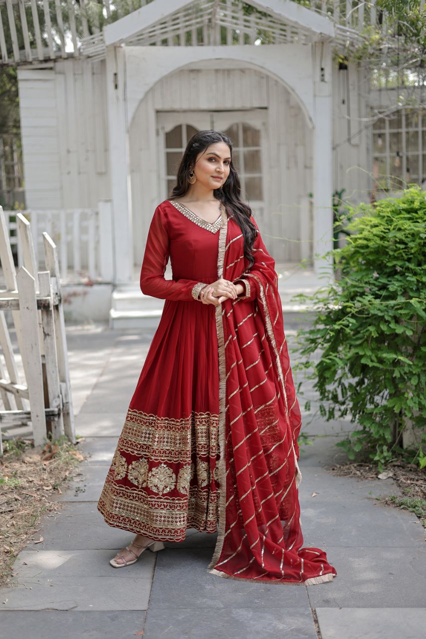 elegant anarkali dress Wine Elegant Georgette Anarkali Gown Set Festive & Wed