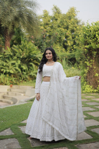 Faux georgette white lehenga for wedding