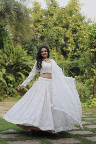 Faux georgette white lehenga with dupatta