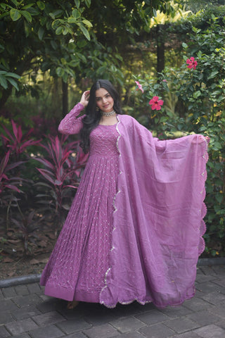 Long sleeve purple gown for wedding