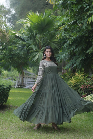 Faux Blooming Green Gown Party Wear