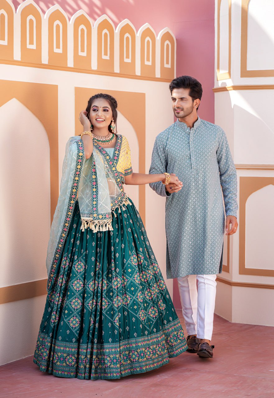 Stylish Matching Lehenga Choli with Kurta Pajama For Couples