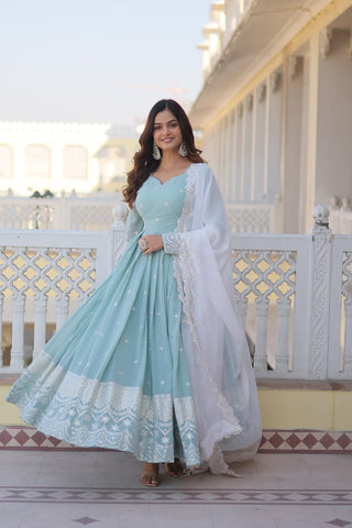 Long sleeve sky blue colour gown for wedding