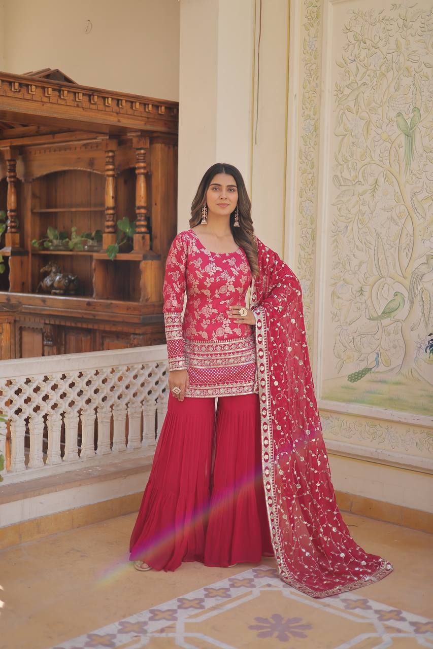 Viscose jacquard sequins rani pink sharara With Dupatta