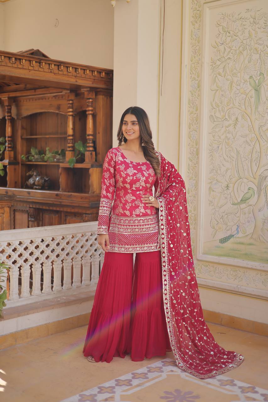 Viscose jacquard sequins rani pink sharara set
