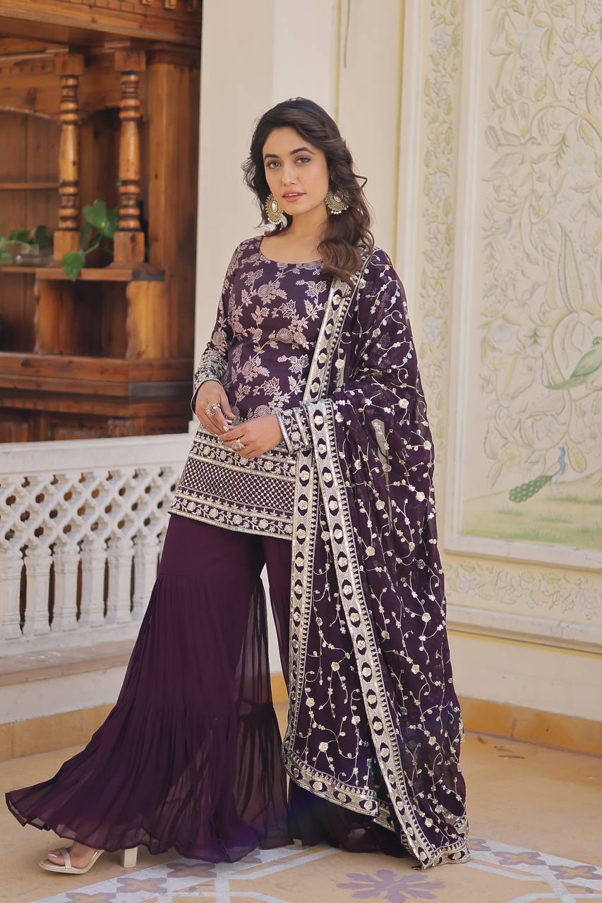 Viscose Jacquerd Sequins Wine  Sharara
