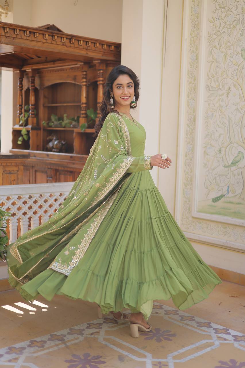 anarkali dress green colour Pretty Green Color Chinon Embroidery Sequence Anarkali Suit