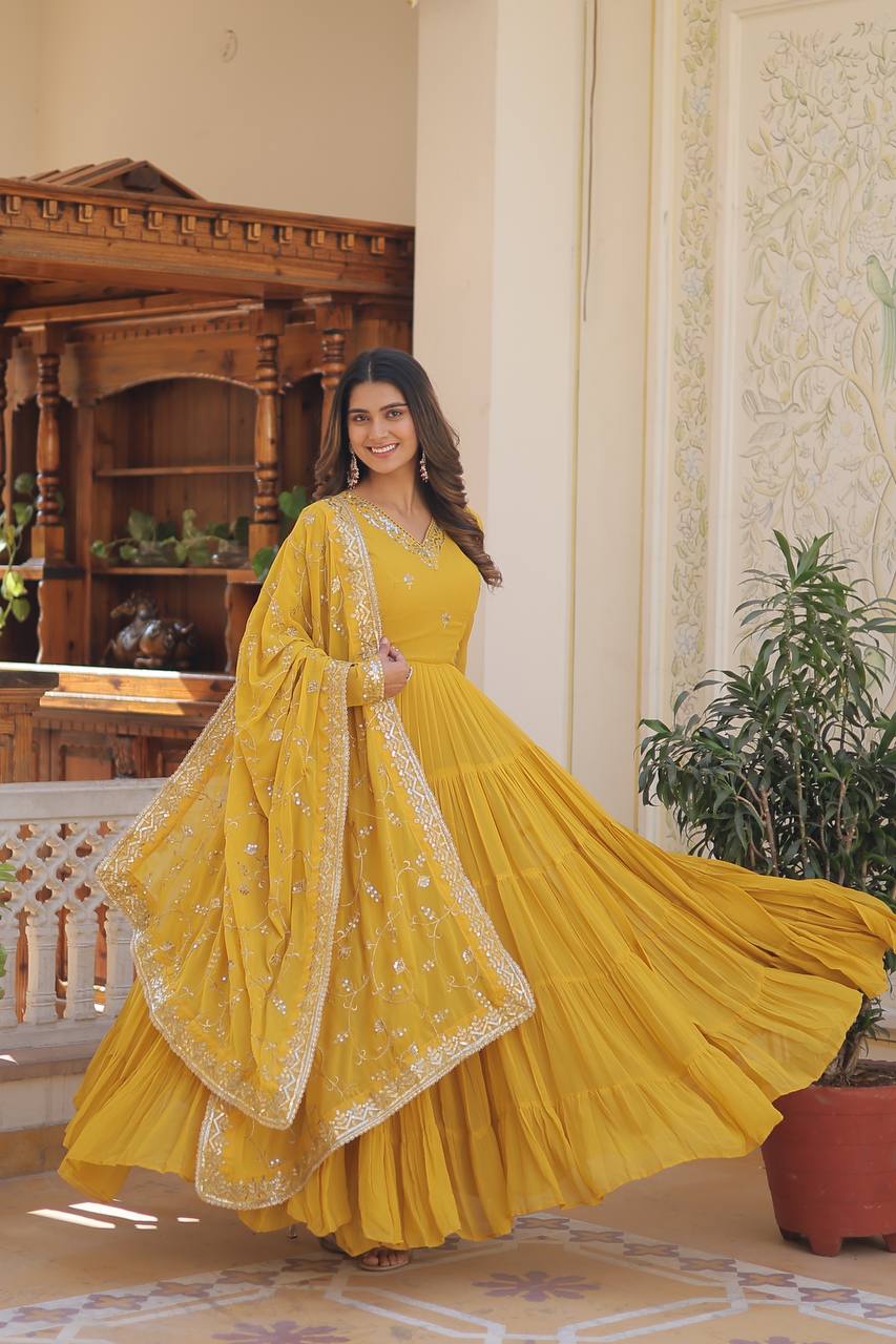 golden colour anarkali dress Golden Anarkali Dress