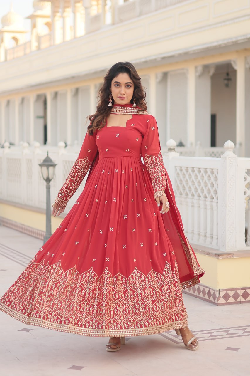 Red anarkali long sleeves gown