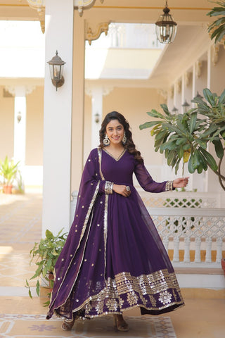 purple anarkali full sleev Sequence Gown Styles for wedding