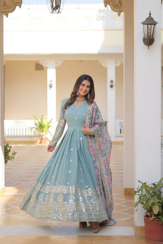 Sky Blue Color Anarkali Gown with Dupatta Dress online